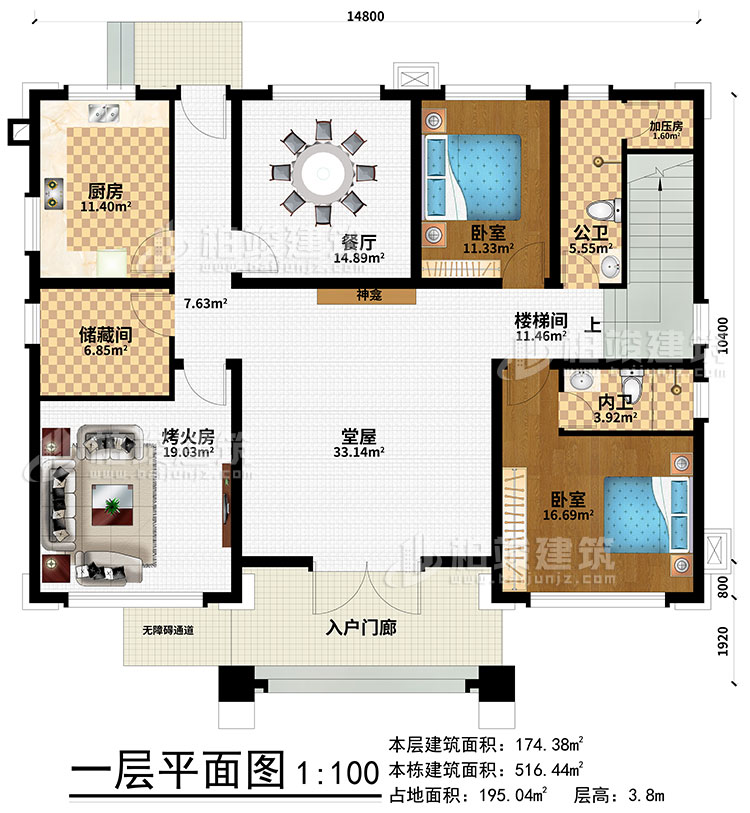 一层：入户门廊、无障碍通道、厨房、餐厅、储藏间、烤火房、公卫、加压房、楼梯间、2卧室、内卫